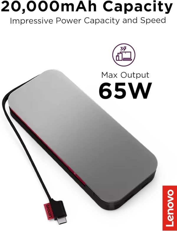 USB-C Laptop Power Bank (20000 mAh) - 65W - USB-C and USB-A Ports - Fast Charging Portable Power Station with Integrated Cable - Model PBLG2W - Storm Grey