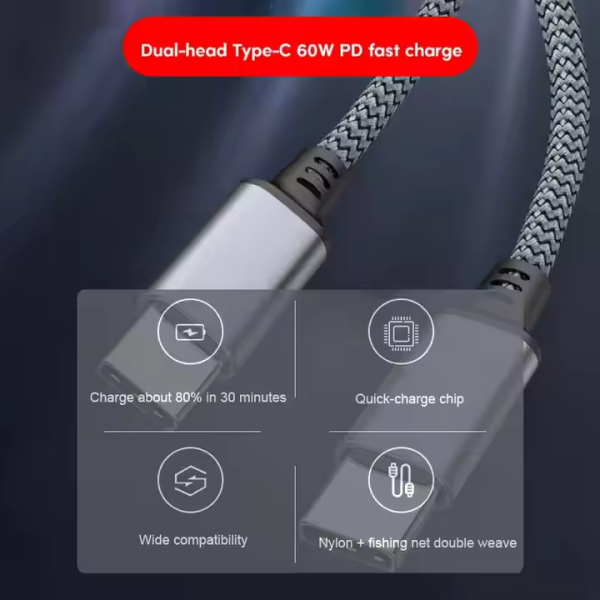 1M 1.5M 2M 3M 5M 8M Wholesale Nylon Braided USB C 60W PD Charging Cable USB Type C To USB Type C Data Fast Charge Cable